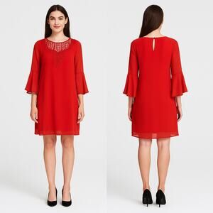 by&by Dress Womens Small Red Lace Bell Sleeve Lined Shift Chiffon Dress Coquette